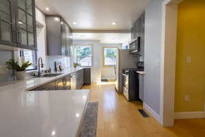 Kitchen featuring stainless steel appliances, light wood-style floors, glass insert cabinets, recessed lighting, and light stone countertops