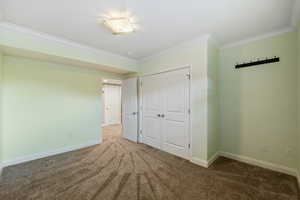 Unfurnished bedroom with carpet floors, crown molding, and a closet