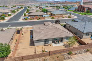 Aerial perspective of suburban area with mountains