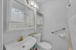 Bathroom featuring a sink and a shower with shower curtain