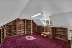 Additional living space featuring vaulted ceiling, dark colored carpet, and a textured ceiling