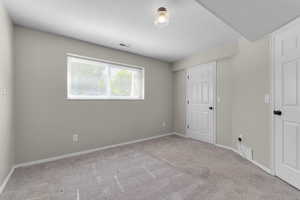 Unfurnished bedroom with carpet flooring and a textured ceiling