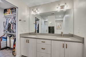 Full bath featuring double vanity, a walk in closet, and a shower