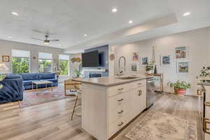 Kitchen featuring modern cabinets, open floor plan, recessed lighting, light wood-type flooring, and an island with sink