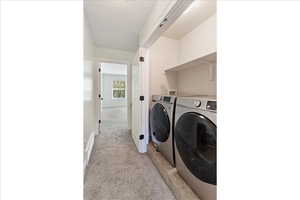 Laundry area with light carpet and independent washer and dryer