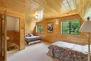 Bedroom featuring wood ceiling, wooden walls, and carpet