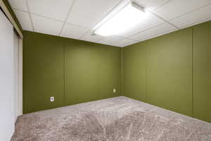 Carpeted spare room featuring a drop ceiling and a decorative wall