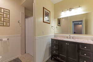 Bathroom featuring wainscoting, wood finished floors, vanity, and a shower with curtain