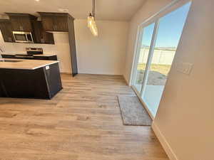 Kitchen featuring appliances with stainless steel finishes, light wood finished floors, dark brown cabinetry, light countertops, and pendant lighting