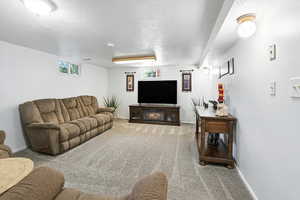 Living room featuring carpet, healthy amount of natural light, and a textured ceiling