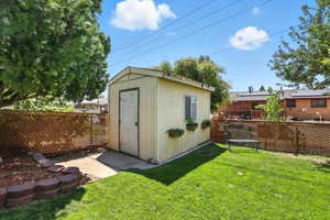 View of shed featuring a fenced backyard