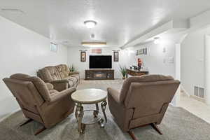Living area with a textured ceiling and carpet flooring