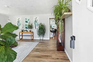 Entrance foyer featuring wood finished floors and a textured ceiling