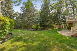 View of grassy yard with a patio, a deck, and view of scattered trees