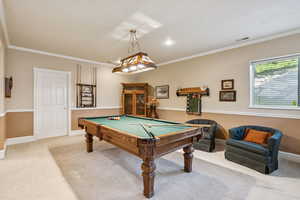 Playroom featuring ornamental molding, billiards table, carpet floors, and recessed lighting