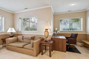 Carpeted home office featuring ornamental molding and a textured ceiling