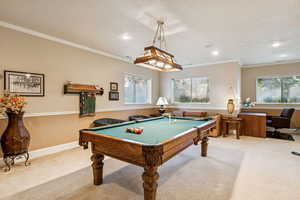 Game room featuring carpet, crown molding, billiards, and recessed lighting