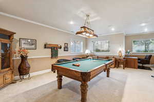 Game room featuring carpet, crown molding, billiards, and recessed lighting