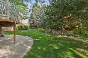 View of grassy yard with a patio and a wooden deck