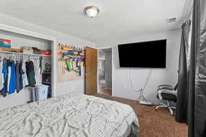Bedroom featuring a closet, carpet, and a textured ceiling