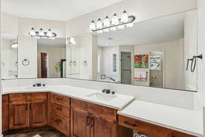 Bathroom with double vanity and dark wood-style floors