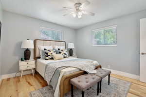 Bedroom with multiple windows, light wood-type flooring, and a ceiling fan