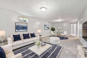 VIRTUALLY STAGED Carpeted living room featuring baseboards