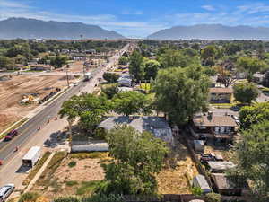 Aerial view of residential area with a mountain backdrop