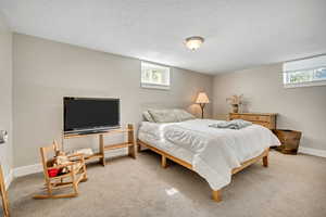 Carpeted bedroom with baseboards and a textured ceiling