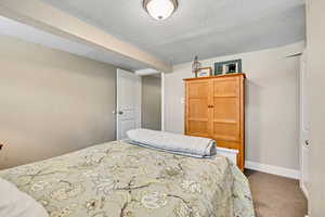 Bedroom with carpet flooring and a textured ceiling