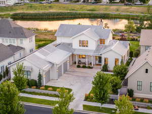 Aerial view of residential area with a large body of water