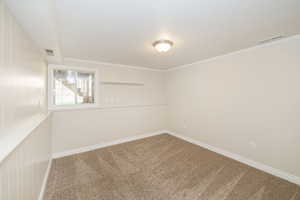 Spare room with carpet flooring, ornamental molding, and a textured ceiling