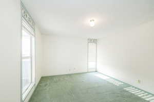 Unfurnished room featuring carpet flooring and a textured ceiling