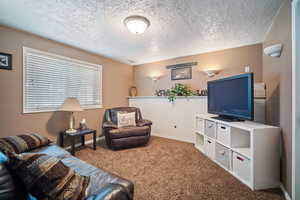 Living area with carpet flooring and a textured ceiling