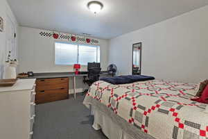 Bedroom with dark colored carpet and a desk