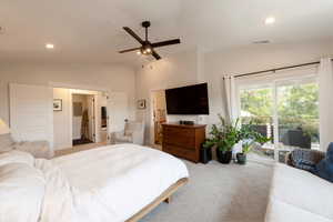 Carpeted bedroom featuring vaulted ceiling, recessed lighting, access to outside, and a ceiling fan