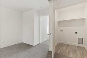 Laundry room with hookup for an electric dryer, washer hookup, carpet flooring, and wood finished floors