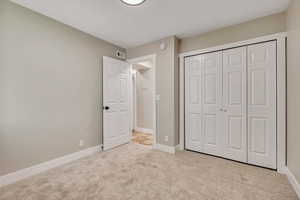 Unfurnished bedroom featuring carpet flooring and a closet