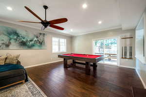 Recreation room featuring wood finished floors, crown molding, billiards, healthy amount of natural light, and recessed lighting