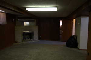 Finished basement featuring wood walls, carpet, and a brick fireplace