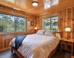 Carpeted bedroom with wooden walls