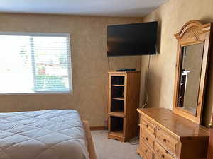 Bedroom with a textured wall and light colored carpet