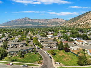 Aerial perspective of suburban area with mountains
