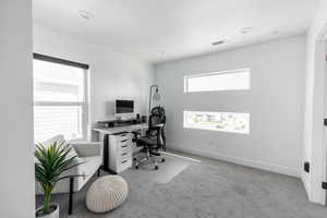 Carpeted home office with baseboards