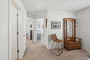 Hall with light carpet, a textured ceiling, and plenty of natural light