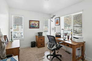 Office space featuring plenty of natural light and light colored carpet