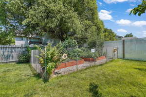 Fenced backyard with a garden
