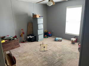 Recreation room featuring carpet floors, plenty of natural light, and a ceiling fan