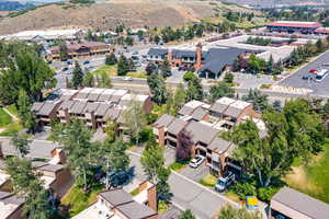 Aerial perspective of suburban area featuring a mountain backdrop