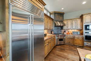 Kitchen featuring built in appliances, dark wood-type flooring, backsplash, recessed lighting, and under cabinet range hood